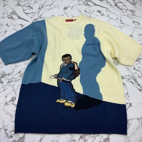 Men's RP55 Navy Aqua Ivory Short Sleeve Sweater
